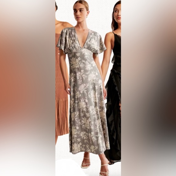 🆕 NWT Abercrombie & Fitch Flutter Sleeve Satin Maxi Dress • Grey Pattern•  XS - Picture 1 of 14